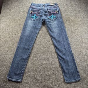 VTG Old Skool Jeans Y2K Embroidered Fleur De Lis Studded Flap Pocket Flare Sz 7
